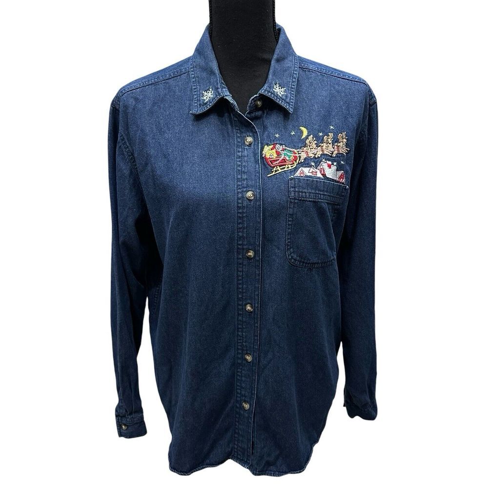 VTG Cabin Creek Long Sleeve Button Up Blue Denim Jeans Shirt‎ Womens Size Large